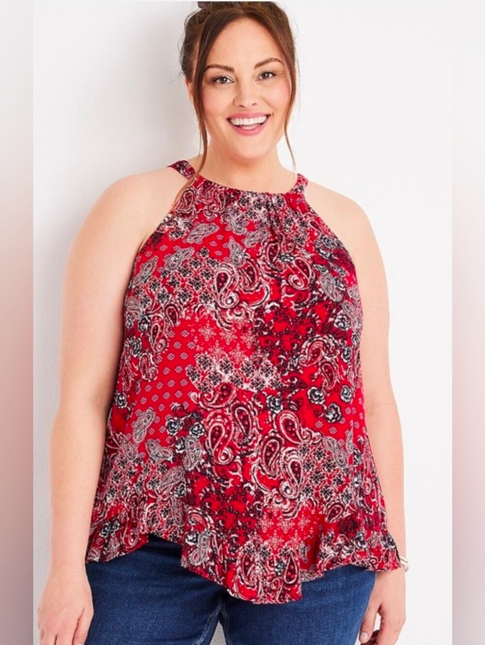 Maurices Red Paisley Halter Neck Tank Top Ties In The Back.